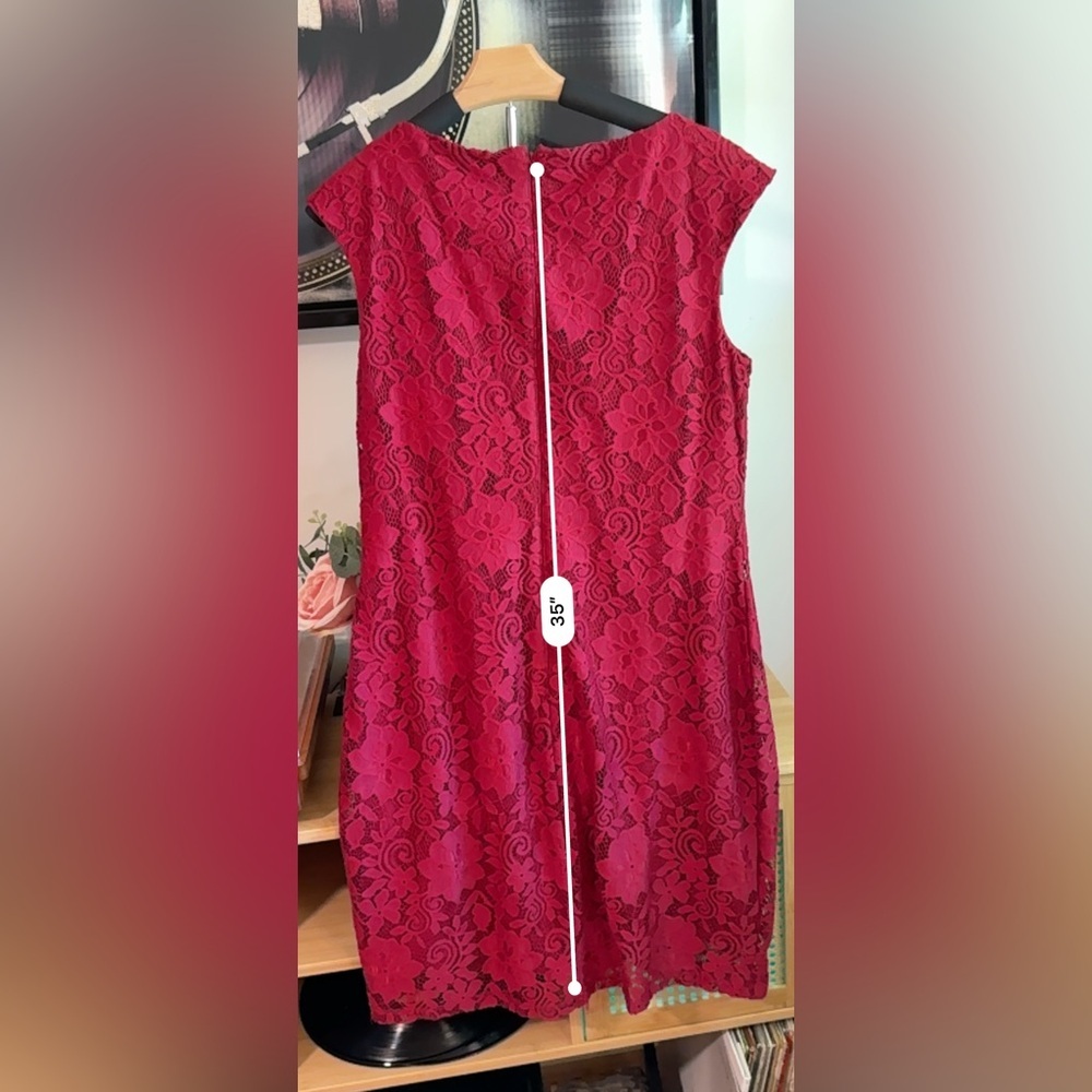 Kasper Red Floral Lace Sheath Dress Medium Cap Sleeve 35” Lined Cocktail - Picture 4 of 6